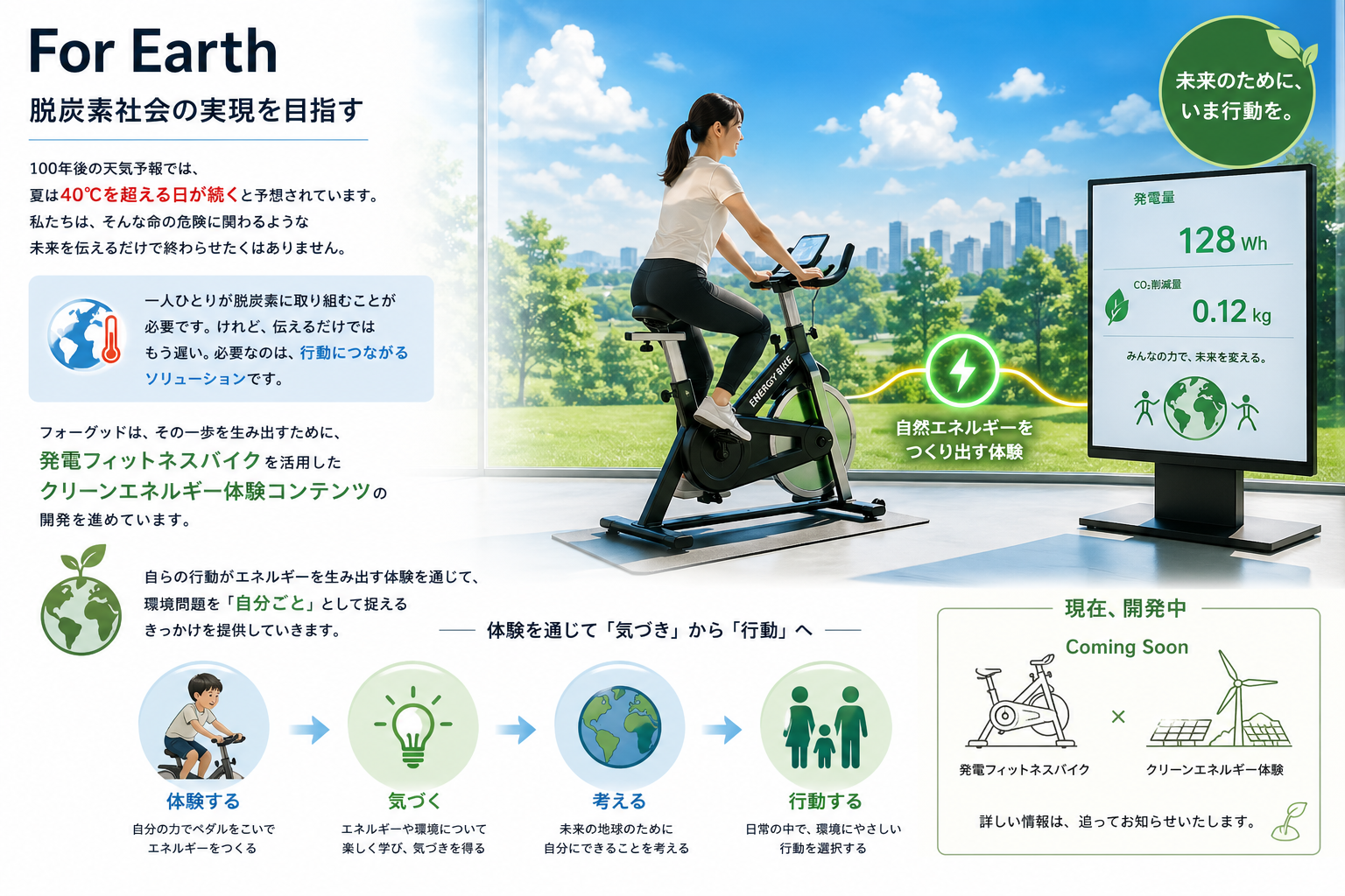発電フィットネスバイクによるクリーンエネルギー体験のイメージ（脱炭素と行動変容）